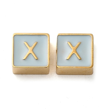 304 Stainless Steel Enamel Beads, Real 14K Gold Plated, Square with Letter, Letter X, 8x8x4mm, Hole: 2mm