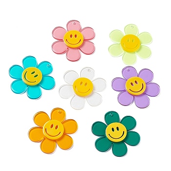 Transparent Acrylic Big Pendants, Sunflower with Smiling Face Charm, Mixed Color, 55x50.5x6mm, Hole: 2.5mm