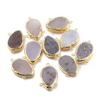 Natural Druzy Quartz Chandelier Component Links, 3 Loop Connectors, with Golden Plated Brass Findings, Teardrop, Gray, 37.5~38.5x23~25.5x8.5~9mm, Hole: 1.8mm
