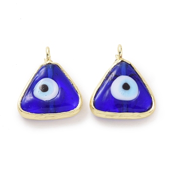 Handmade Evil Eye Lampwork Charms, with Real 18K Gold Plated Tone Brass Findings, Triangle Charm, Blue, 12x13x4mm, Hole: 2mm