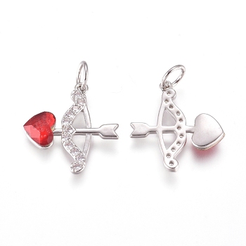Brass Pendants, with Micro Pave Cubic Zirconia and Jump Rings, Cupid/Cherub Arrow, for Valentine's day, Clear & Red, Platinum, 16.5x15.8x3mm, Hole: 3.2mm