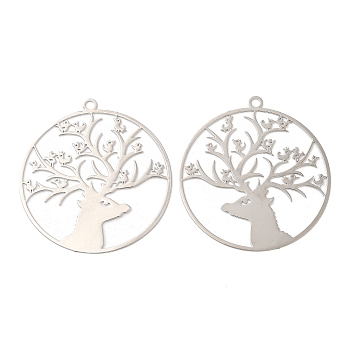 Long-Lasting Plated Brass Filigree Pendants, Flat Round with Deer Charm, Platinum, 41x38x0.3mm, Hole: 2mm