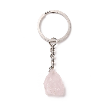 Natural Rose Quartz Keychain, with 201 Stainless Steel Finding, 7.5~8cm