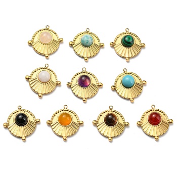 Mixed Stone Flat Round Pendants, Flat Round Charms with Ion Plating(IP) Real 24K Gold Plated 316 Stainless Steel Findings, 18x18x5mm, Hole: 1mm