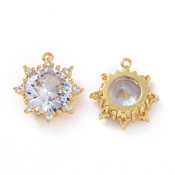Brass Micro Pave Clear Cubic Zirconia Pendants, Cadmium Free & Nickel Free & Lead Free, Sun Charm, Real 18K Gold Plated, 16x15x5.5mm, Hole: 1mm