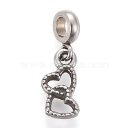 304 Stainless Steel Charms, Heart with Heart, Antique Silver, 14.5mm, Pendant: 9.2x4.5x1.8mm, Hole: 2.5mm(STAS-F259-037AS)