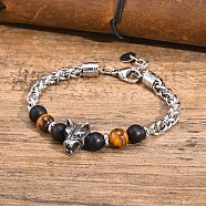 Tiger Eye Beaded Bracelets, with Stainless Steel Curb Chains, Tiger, Stainless Steel Color, 7-1/2~8-5/8 inch(19~22cm)(PW-WG63DC0-01)