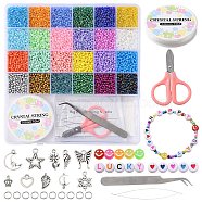 DIY Bracelet Making Kit, Including Glass Seed Round & Acrylic Flat Round with Heart Beads, Snowflake & Moon & Star & Crown Alloy Pendants, Scissors & Tweezers, Mixed Color(DIY-YW0006-93)