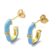 Real 18K Gold Plated Brass Oval Stud Earrings, Half Hoop Earrings with Enamel and Cubic Zirconia, Deep Sky Blue, 17x3.5mm(EJEW-L268-020G-04)
