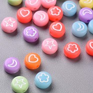 Opaque Acrylic Beads, Flat Round with White Heart & Flower & Moon & Star, Mixed Color, 7x4mm, Hole: 1.6mm(MACR-N008-40)