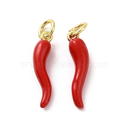 Rack Plating Brass Enamel Charms, with Jump Ring, Long-Lasting Plated, Real 18K Gold Plated, Cadmium Free & Lead Free, Horn of Plenty/Italian Horn Cornicello Charms, Red, 18.5x4.5x4mm, Jump Ring: 5x0.8mm, Inner Diameter: 3mm(KK-C008-20G-04)