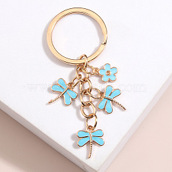 Alloy Enemal Dragonfly & Flower Keychain, with Metal Key Rings, for Car Key Bag Charms Accessories, Deep Sky Blue, 100mm(WG18063-01)