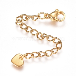 304 Stainless Steel Chain Extender, with Lobster Claw Clasps and Charms, Heart, Golden, 70.5mm, Link: 4x3x0.4mm, Clasp: 9.2x6.2x3.3mm(STAS-G221-13G)