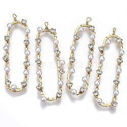 Brass Micro Pave Cubic Zirconia Big Pendants, with ABS Plastic Imitation Pearl Beads, Nickel Free, Oval, Real 18K Gold Plated, Creamy White, 55x17x5mm, Hole: 2mm(KK-N233-062-NF)