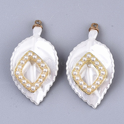 ABS Plastic Pendants, with ABS Plastic Imitation Pearl, Light Gold Plated Alloy Finding and Brass Loop, Leaf with Rhombus, White, 34.5x18.5x6mm, Hole: 1.6mm(KY-T018-11)