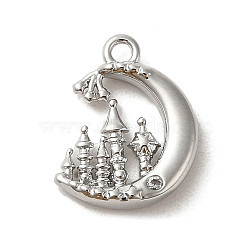 Brass Micro Pave Cubic Zirconia Charms, Moon with Tower, Platinum, 12x9.5x2mm, Hole: 1.2mm(KK-C043-04P)