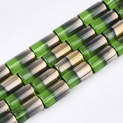 Half Electroplate Glass Beads Strands, Column, Green, 19.5~20x10mm, Hole: 1.4mm, about 15~17pcs/strand, 13.39 inch(34cm)(EGLA-S177-01F)
