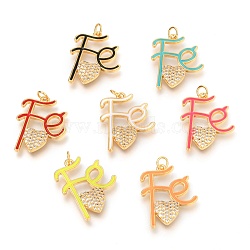 Brass Micro Pave Clear Cubic Zirconia Pendants, Long-Lasting Plated, with Jump Rings & Enamel, Real 18K Gold Plated, Word Fe with Heart, Mixed Color, 26.5x20x3mm, Hole: 3mm(ZIRC-B0004-07G)