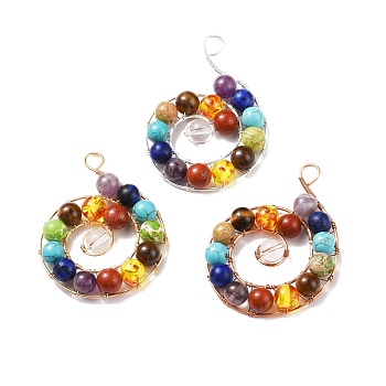 Natural & Synthetic Mixed Gemstone Big Pendants, with Resin Imitation Amber Beads and Copper Wire Wrapped, Vortex, Mixed Color, 57~60x42.5~44.5x9mm, Hole: 5~6mm