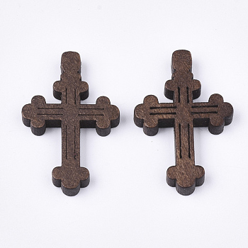 Wooden Pendants, Dyed, Cross, Coconut Brown, 33x21.5x4mm, Hole: 1.5mm