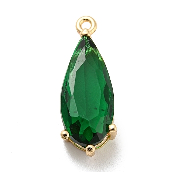 Brass Pave Cubic Zirconia Pendants, Teardrop, Real 14K Gold Plated, Green, 19.5x7.5x5.5mm, Hole: 1.2mm