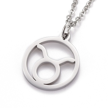304 Stainless Steel Pendant Necklaces, with Lobster Claw Clasps, Constellation/Zodiac Sign, Stainless Steel Color, Taurus, 19.56 inch(49.7cm)