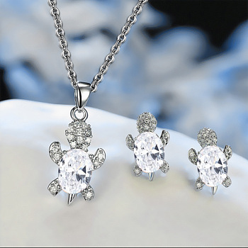 Tortoise Alloy Rhinestone & Glass Pendant Necklaces & Stud Earrings Sets, Platinum, Clear, 450mm