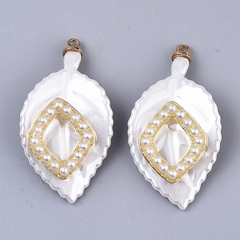 ABS Plastic Pendants, with ABS Plastic Imitation Pearl, Light Gold Plated Alloy Finding and Brass Loop, Leaf with Rhombus, White, 34.5x18.5x6mm, Hole: 1.6mm