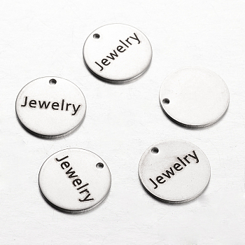 Spray Painted Stainless Steel Charms, Flat Round with Words Jewelry, Stainless Steel Color, 14x1mm, Hole: 1mm