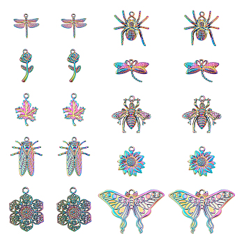 CHGCRAFT 20Pcs 10 Style Alloy Pendants, Bees & Cicada & Spider, Rainbow Color, 16~32x9.5~47x1.5~5mm, Hole: 1.2~2.5mm, 2pcs/style 