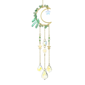 Moon & Star Brass Hanging Ornaments, Natural Green Aventurine Chips and Glass Tassel Suncatchers, 278mm, Hole: 10mm