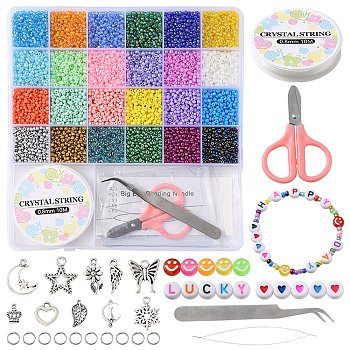 DIY Bracelet Making Kit, Including Glass Seed Round & Acrylic Flat Round with Heart Beads, Snowflake & Moon & Star & Crown Alloy Pendants, Scissors & Tweezers, Mixed Color