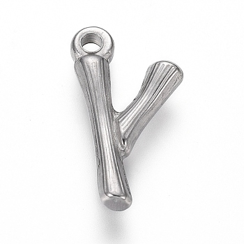 304 Stainless Steel Pendants, Bamboo Shaped Letter, Stainless Steel Color, Letter.Y, 17.5~19x10~16x3~4mm, Hole: 1.8~2mm