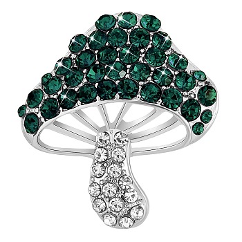 Cubic Zirconia Mushroom Brooch, Alloy Badge for Backpack Clothes, Green, 30x27mm