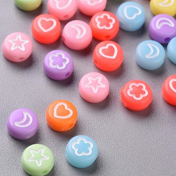 Opaque Acrylic Beads, Flat Round with White Heart & Flower & Moon & Star, Mixed Color, 7x4mm, Hole: 1.6mm