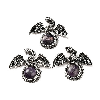 Natural Amethyst Big Pendants, Dragon Charms, with Rack Plating Antique Silver Tone Alloy Findings, Cadmium Free & Lead Free, 49x56x12mm, Hole: 6~6.5mm