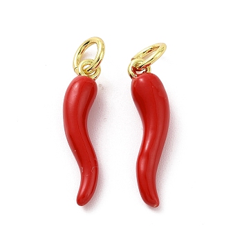 Rack Plating Brass Enamel Charms, with Jump Ring, Long-Lasting Plated, Real 18K Gold Plated, Cadmium Free & Lead Free, Horn of Plenty/Italian Horn Cornicello Charms, Red, 18.5x4.5x4mm, Jump Ring: 5x0.8mm, Inner Diameter: 3mm