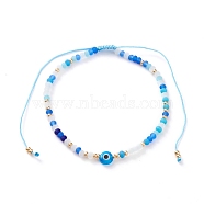 Adjustable Nylon Cord Braided Bead Bracelets, with Evil Eye Lampwork Beads, FGB Glass Seed Beads and Frosted Glass Beads, Dodger Blue, Inner Diameter: 2-1/8~4-1/8 inch(5.3~10.3cm)(BJEW-JB05791-02)