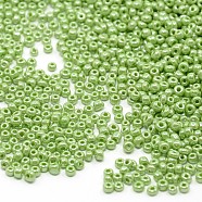 (Repacking Service Available) Glass Seed Beads, Opaque Colors Lustered, Round, Green Yellow, 12/0, 2mm, Hole: 1mm, about 12g/bag(SEED-C021-2mm-124)