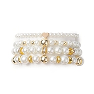 Glass Imitation Pearl Bead Stretch Bracelets, Brass Heart & Synthetic Hematite Bead Jewelry for Women, White, Inner Diameter: 2~2-1/8  inch(5.2~5.5cm), 4pcs/set(BJEW-JB09211)