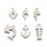 201 Stainless Steel Charms, Laser Cut, Fish, Stainless Steel Color, 12~18x7~13.5x0.7~0.8mm, Hole: 1.4~1.8mm, 6 patterns, 1 pattern/200pcs(STAS-R118-08)