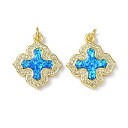 Brass Micro Pave Cubic Zirconia Pendants, with Synthetic Opal and Jump Ring, Cross, Real 18K Gold Plated, 20.5x18x3.5mm, Hole: 3.5mm(KK-A197-05G)