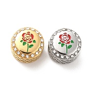 304 Stainless Steel European Beads, with Enamel & Rhinestone, Large Hole Beads, Flat Round with Rose, Golden & Stainless Steel Color, 12x8mm, Hole: 4mm(STAS-D180-23)
