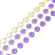 Brass & Enamel Link Chain, with Spool, Long-Lasting Plated, Flat Round with Smiling Face, Unwelded, Mauve, 8x1mm, about 10.93 yards(10m)/roll(CHC-D029-16G-04)