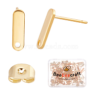 60Pcs 201 Stainless Steel Stud Earring Findings, with Hole & 304 Stainless Steel Pins & Ear Nuts, Rectangle, Real 24K Gold Plated, 12x3.5mm, Hole: 1.4mm, Pin: 0.8mm(EJEW-BBC0001-05)