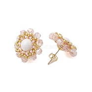 Flower Glass Seed Beaded with Natural Mashan Jade Stud Earrings for Women, Light Gold, Misty Rose, 20mm(EJEW-MZ00208-02)