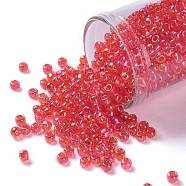 TOHO Round Seed Beads, Japanese Seed Beads, (165) Transparent AB Light Siam Ruby, 8/0, 3mm, Hole: 1mm, about 1110pcs/50g(SEED-XTR08-0165)