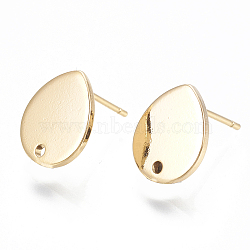 Brass Stud Earring Findings, with Loop and Flat Plate, Teardrop, Nickel Free, Real 18K Gold Plated, 12x10mm, Hole: 1.4mm, Pin: 1mm(X-KK-Q750-068G)