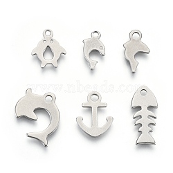 201 Stainless Steel Charms, Laser Cut, Fish, Stainless Steel Color, 12~18x7~13.5x0.7~0.8mm, Hole: 1.4~1.8mm, 6 patterns, 1 pattern/200pcs(STAS-R118-08)