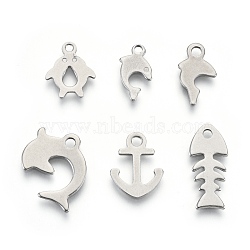 Non-Tarnish 201 Stainless Steel Charms, Laser Cut, Fish, Stainless Steel Color, 12~18x7~13.5x0.7~0.8mm, Hole: 1.4~1.8mm, 6 patterns, 1 pattern/200pcs(STAS-R118-08)